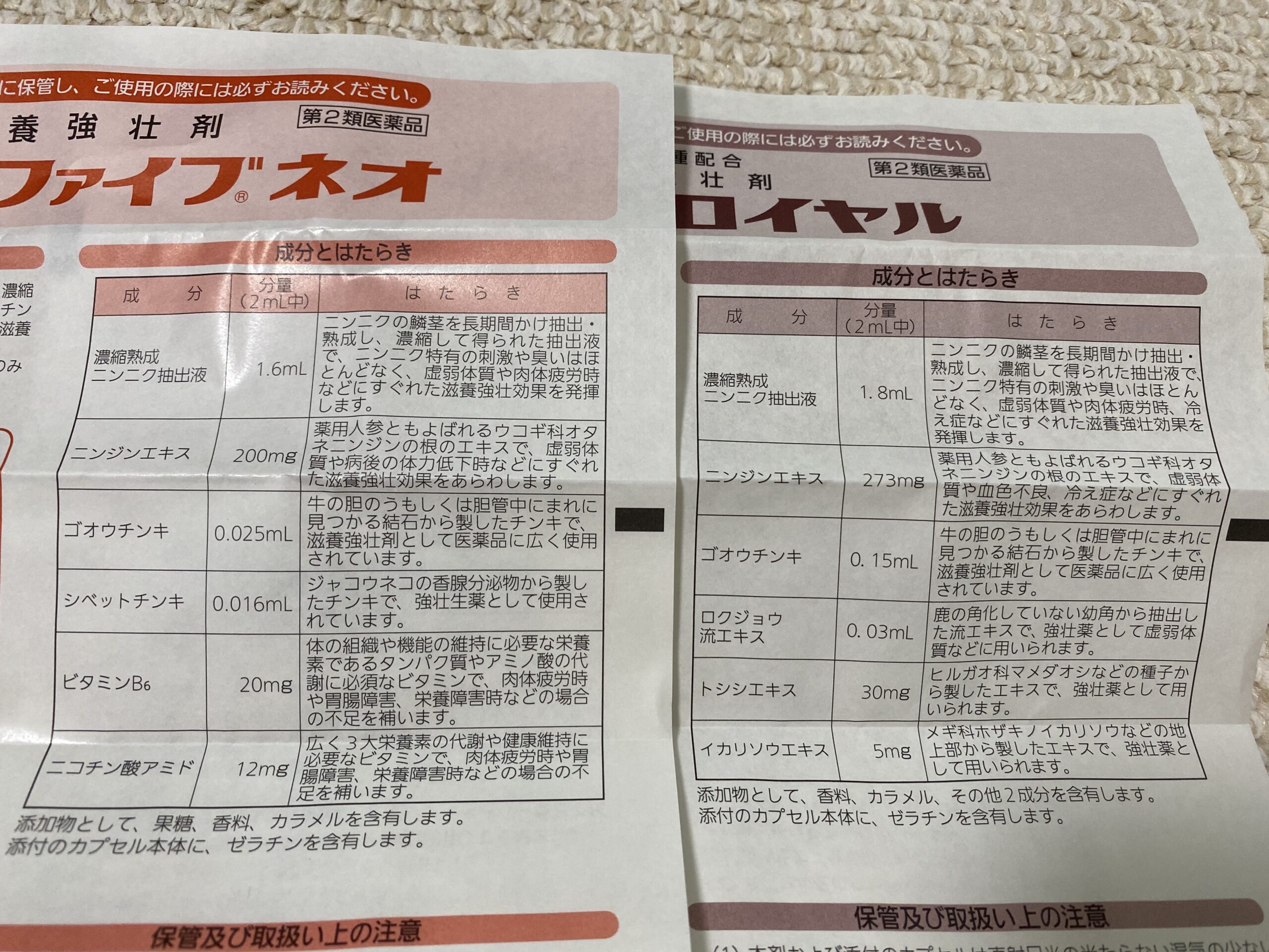 レオピンファイブNEOとロイヤルの成分表（添付文書）