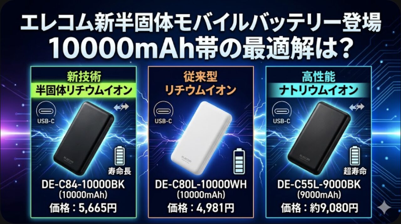 エレコム新半固体モバイルバッテリー登場 10000mAh帯はどれを選ぶべきか【2026年4月】