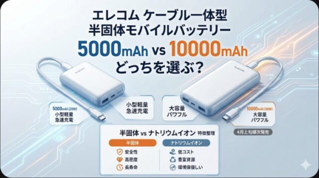 エレコムのケーブル一体型半固体モバイルバッテリーが4月上旬発売 5000mAh/10000mAhどっちを選ぶ？ ナトリウムイオンとの違いも整理【2026年4月】