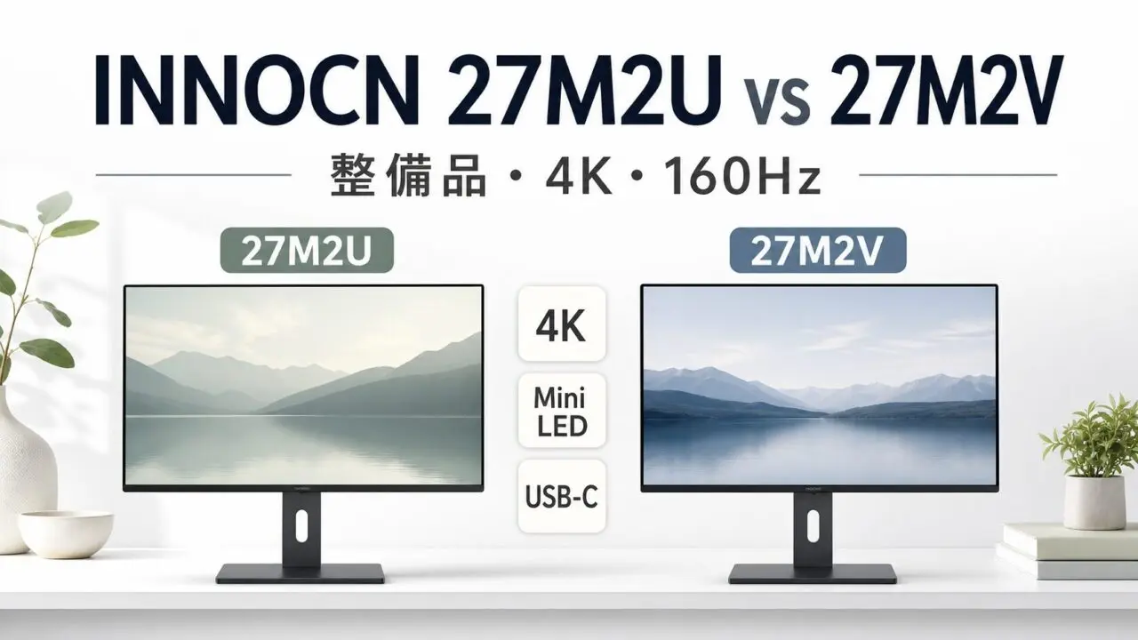 INNOCN 27M2Uと27M2Vの選び方を、整備品、4K、160Hzの比較軸で示す図解