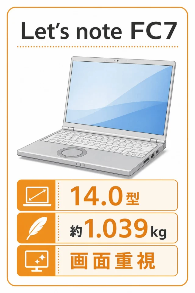 レッツノートFC7の14.0型と作業画面重視を示す比較用ビジュアル
