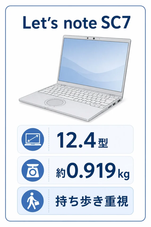 レッツノートSC7の軽さと12.4型を示す比較用ビジュアル