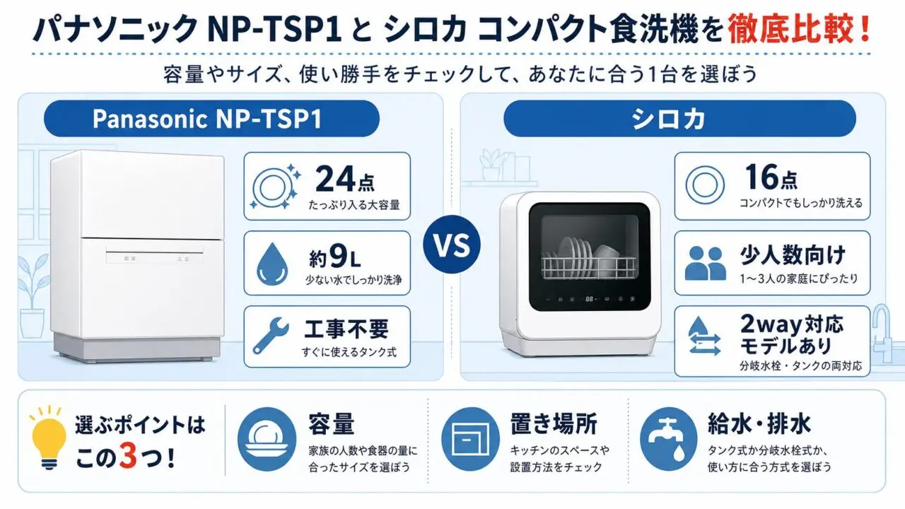 Panasonic NP-TSP1とシロカ食洗機の容量・置き場所・給水排水の比較