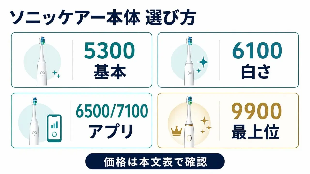 ソニッケアー本体の5300・6100・6500/7100・9900を用途別に選ぶ図解