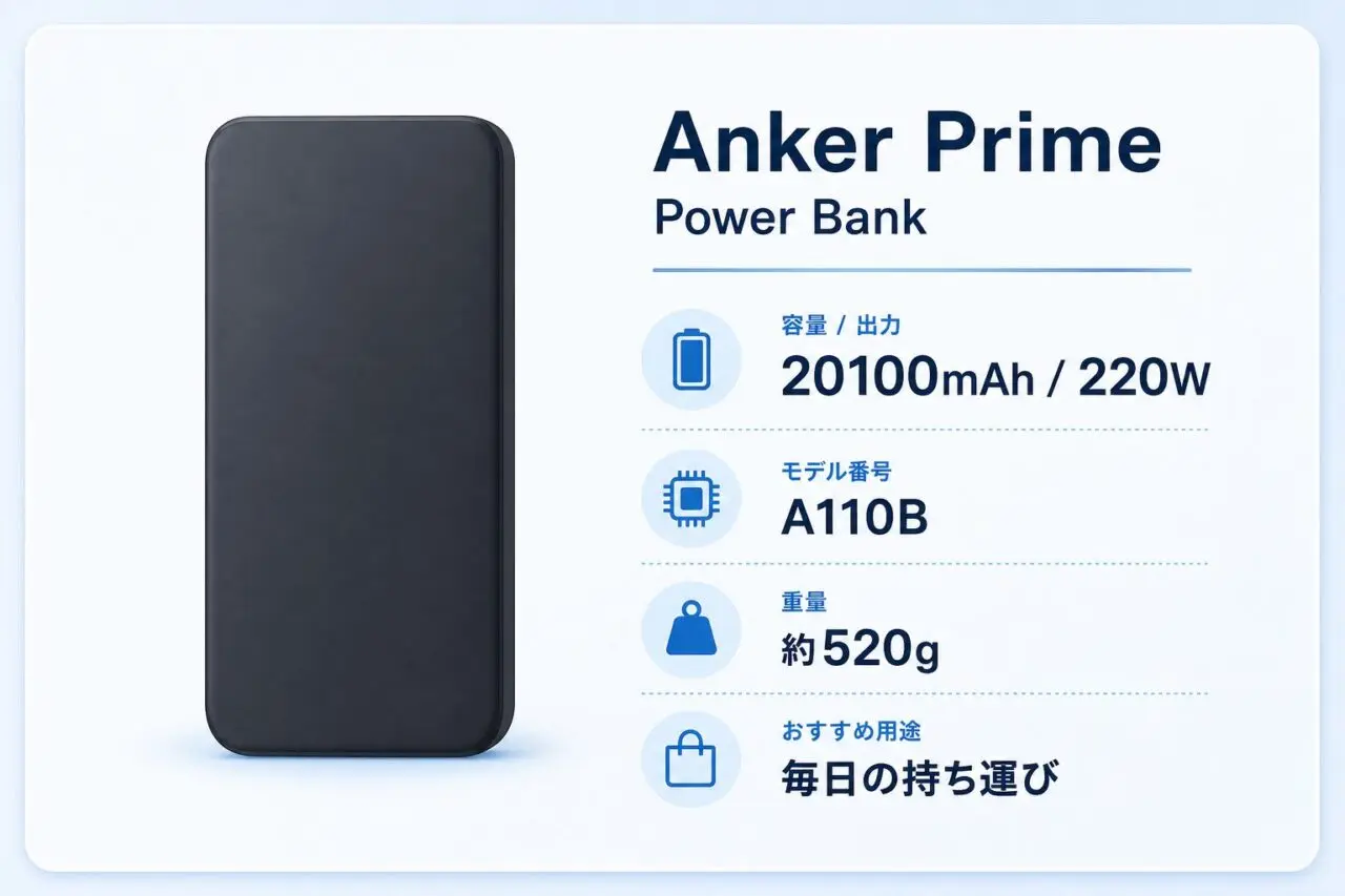 Anker Prime Power Bank A110Bの容量・出力・重さ
