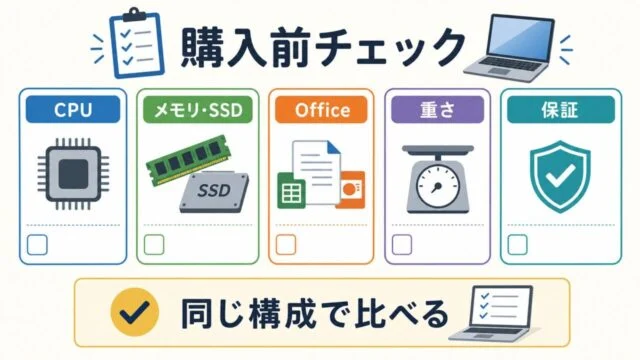 ノートPC購入前にCPU・メモリ・SSD・Office・重さ・保証を確認する図解