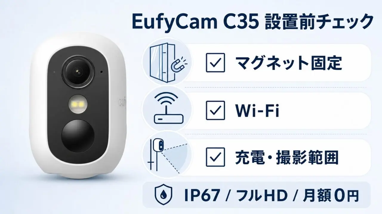 EufyCam C35のマグネット固定・Wi-Fi・充電と撮影範囲を確認する図