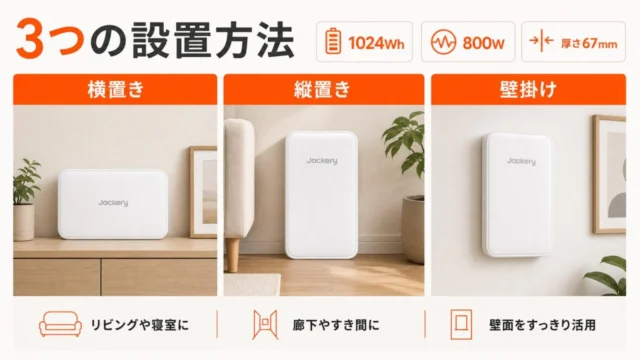 Jackery SlimPower H1の横置き・縦置き・壁掛けと主要仕様
