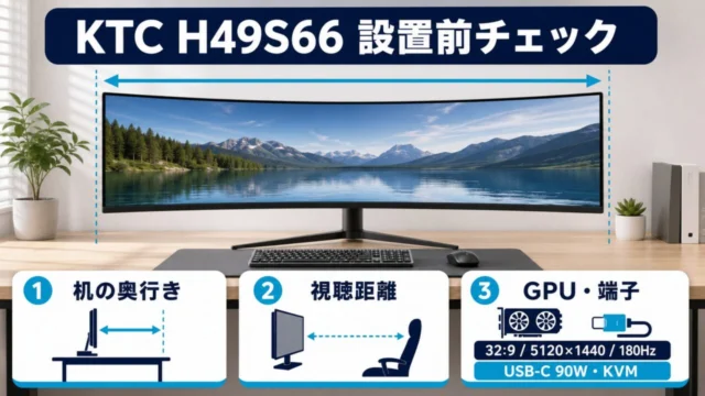 KTC H49S66の設置前チェックの図解(机の幅・奥行き、PCの端子、ゲームの32:9対応)
