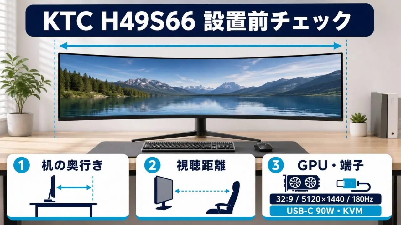 KTC H49S66の設置前に机の奥行き・視聴距離・GPUと端子を確認する図