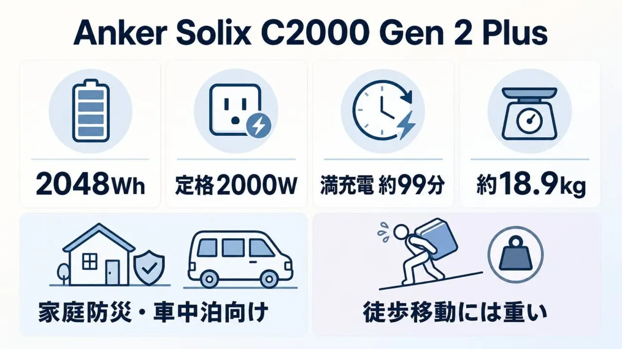 Anker Solix C2000 Gen 2 Plusの容量・出力・充電時間・重量と向く用途