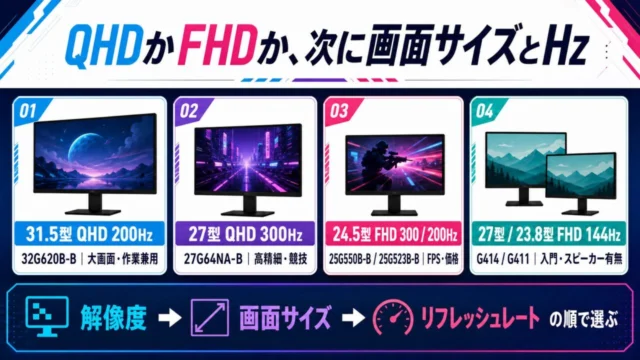 LG UltraGear 2026年8機種を解像度・画面サイズ・リフレッシュレートで選ぶ図