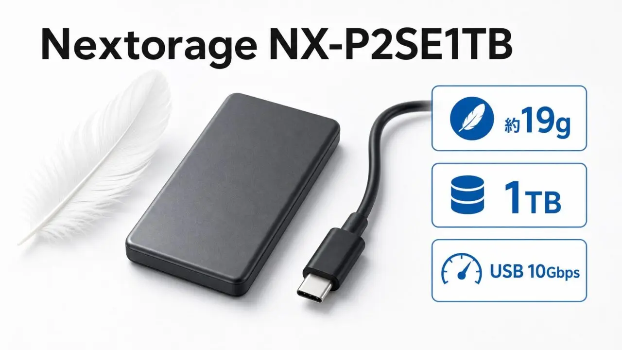 Nextorage NX-P2SE1TBの約19g・1TB・USB 10Gbpsを示す図