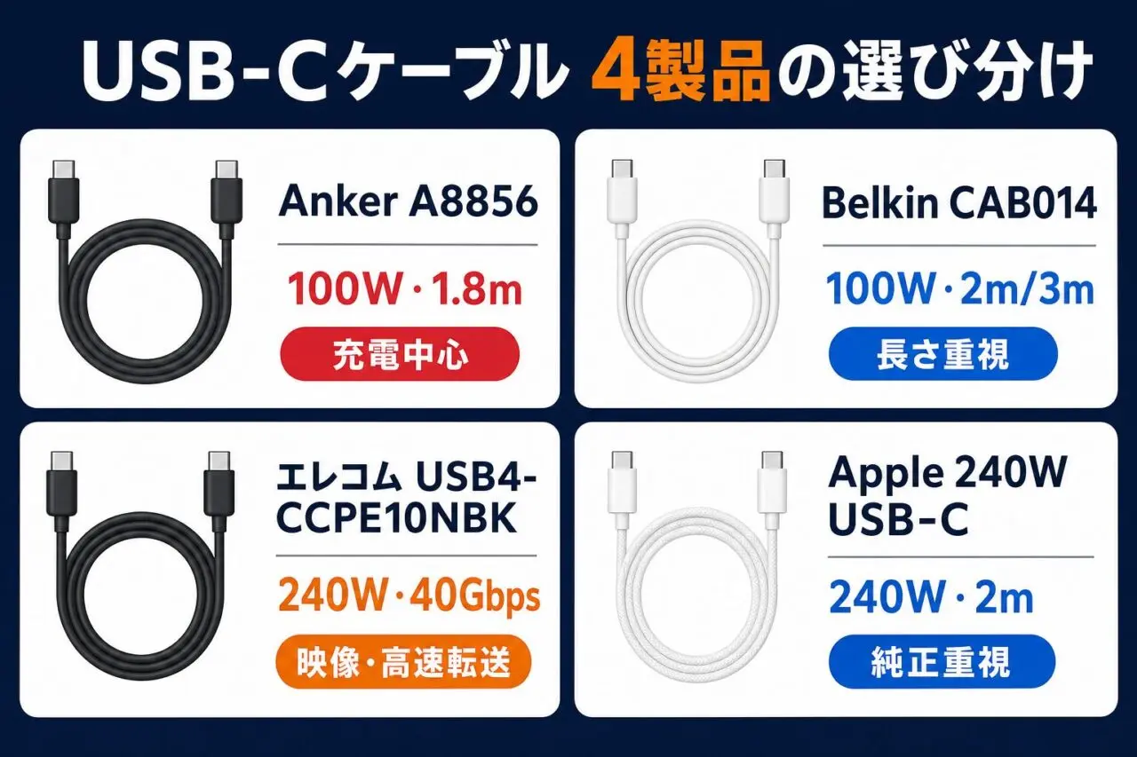 Anker・Belkin・エレコム・AppleのUSB-Cケーブル選び分け