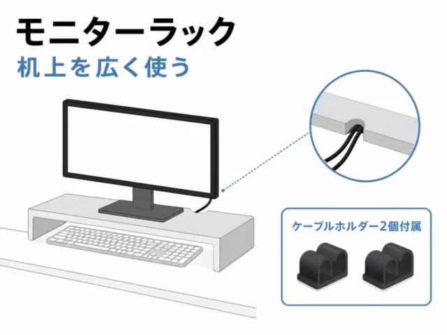 モニターラックとケーブルホルダー2個の用途図