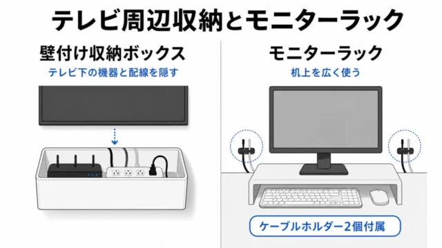 壁付けテレビ周辺機器収納ボックスとモニターラックの用途比較図