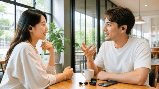 イヤホンを使って向かい合って話す様子とスマートフォン、充電ケースの利用イメージ