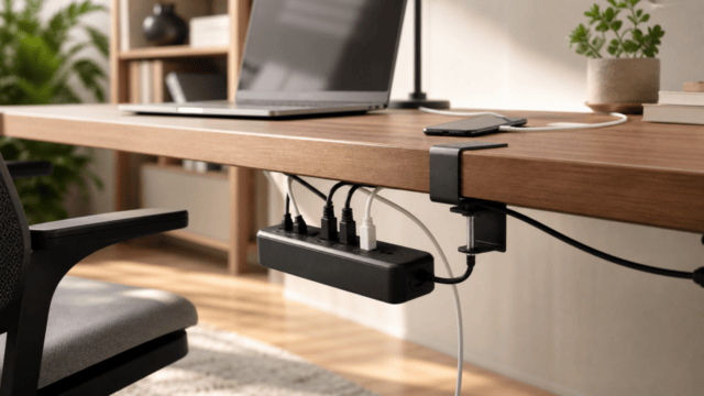 机の天板にクランプ固定した電源タップとノートPC、スマートフォンの利用イメージ