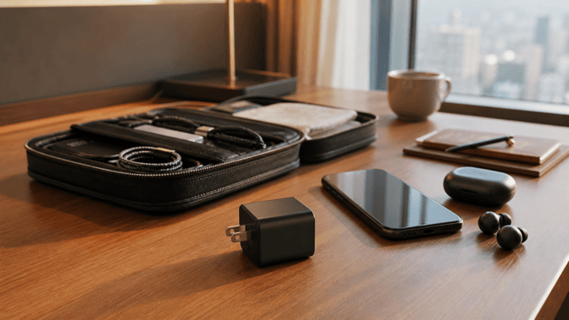 旅行先のホテルデスクで小型電源アダプタとスマートフォンを使う場面