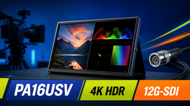 ASUS ProArt PA16USVをカメラと12G-SDIケーブルとともに表した編集イラスト