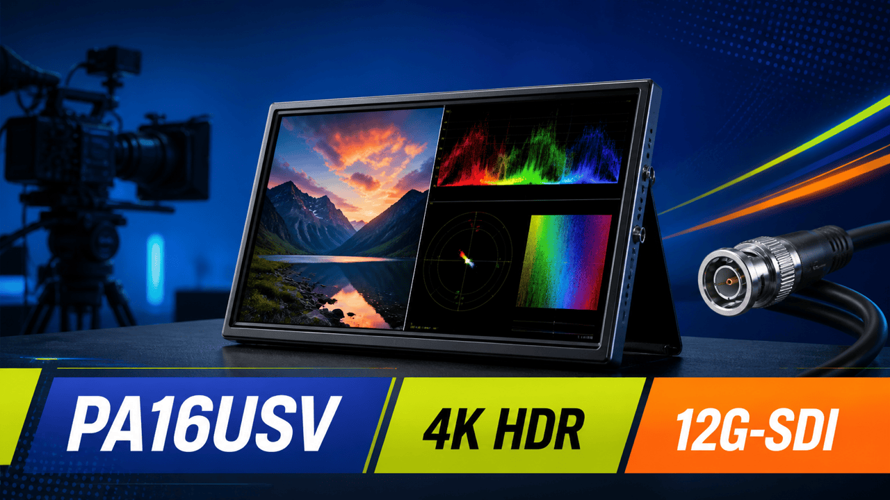 ASUS ProArt PA16USVをカメラと12G-SDIケーブルとともに表した編集イラスト