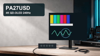 ASUS ProArt PA27USDの4K QD-OLED・240Hz対応を表す映像制作環境の編集イラスト