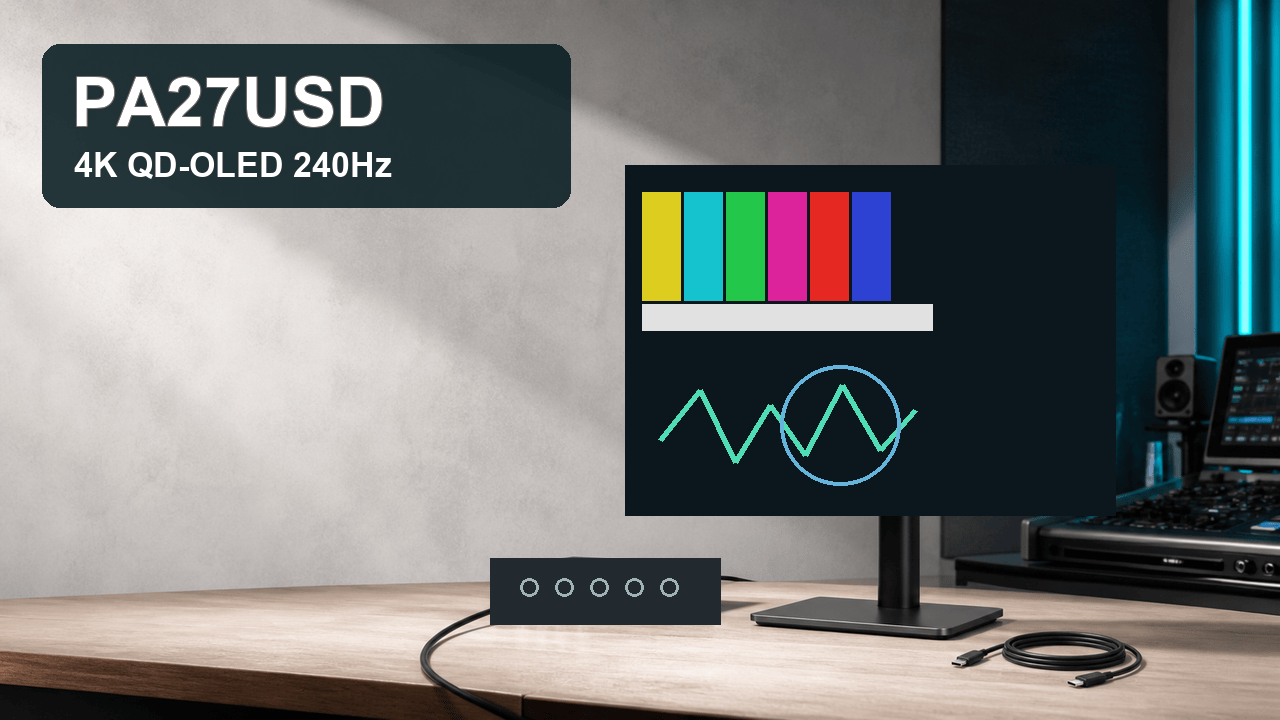ASUS ProArt PA27USDの4K QD-OLED・240Hz対応を表す映像制作環境の編集イラスト