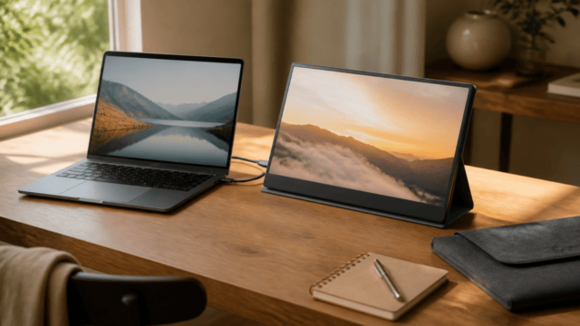 ノートPCの横にポータブルモニターを置いて2画面で作業する持ち運び環境のイメージ