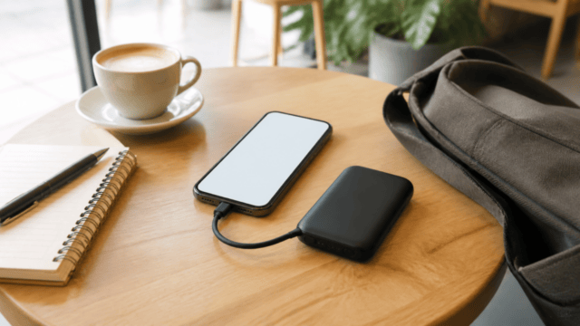 カフェの机でスマートフォンをモバイルバッテリーから充電する場面