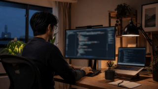 コード作業に集中する人とモニター、ノートPCを置いた開発者の作業環境イメージ