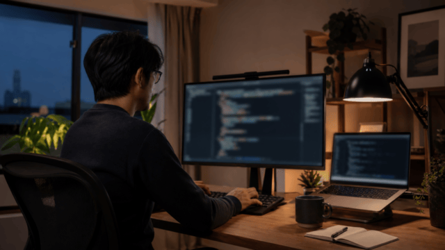コード作業に集中する人とモニター、ノートPCを置いた開発者の作業環境イメージ