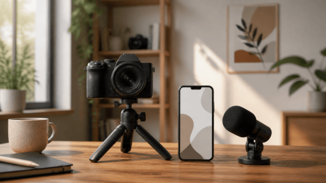 小型三脚に載せたカメラとスマートフォン、マイクで撮影環境を整えるイメージ