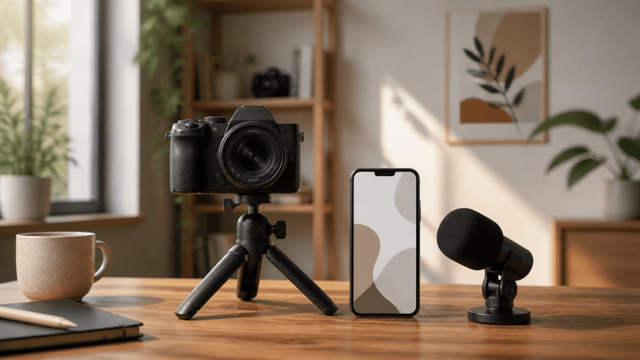 小型三脚に載せたカメラとスマートフォン、マイクで撮影環境を整えるイメージ