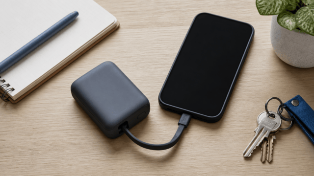 スマートフォンへ内蔵ケーブルで給電するモバイルバッテリーの日常利用イメージ