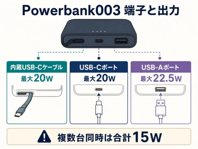 CIO Mate Powerbank003の内蔵USB-C・USB-C・USB-Aの最大出力と複数台同時15Wを示す図