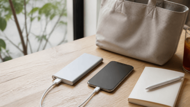 スマートフォンと薄型モバイルバッテリーを持ち歩いて充電する生活シーン