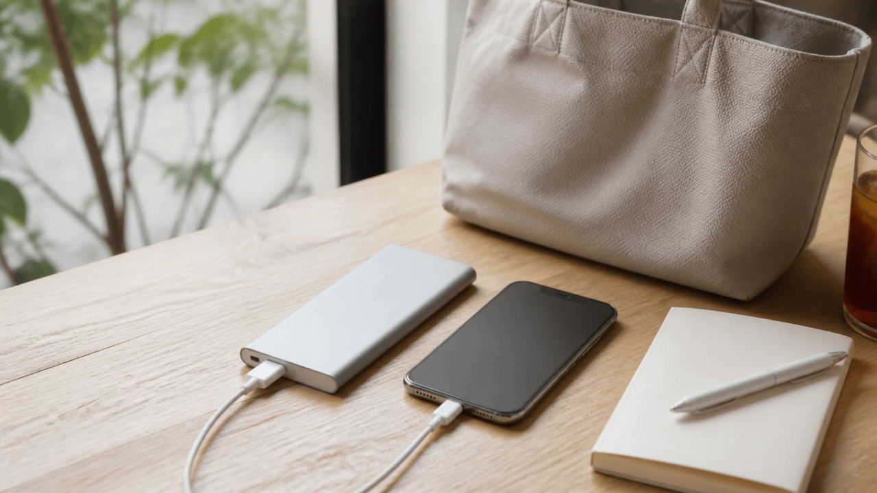 スマートフォンと薄型モバイルバッテリーを持ち歩いて充電する生活シーン