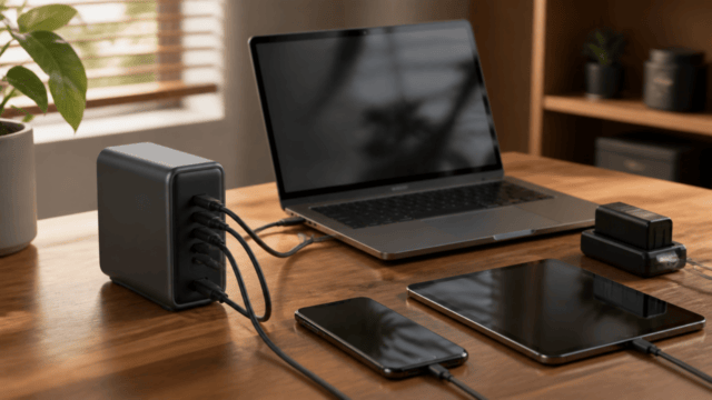 据え置き型USB充電器で複数機器を充電する利用イメージ
