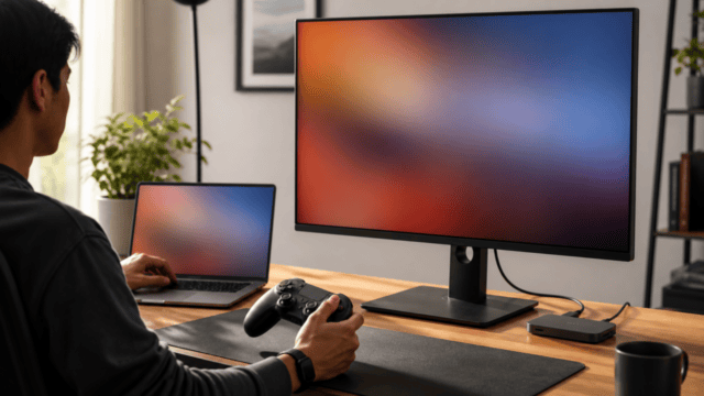 ノートPCと4Kモニター、ゲームコントローラーを同じ机で使うハイブリッド環境のイメージ