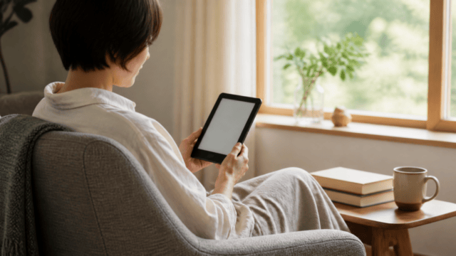 窓辺の椅子で電子書籍リーダーを読む読書シーン