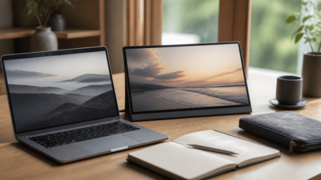 ノートPCの横にモバイルモニターを置いて作業する持ち運び環境イメージ