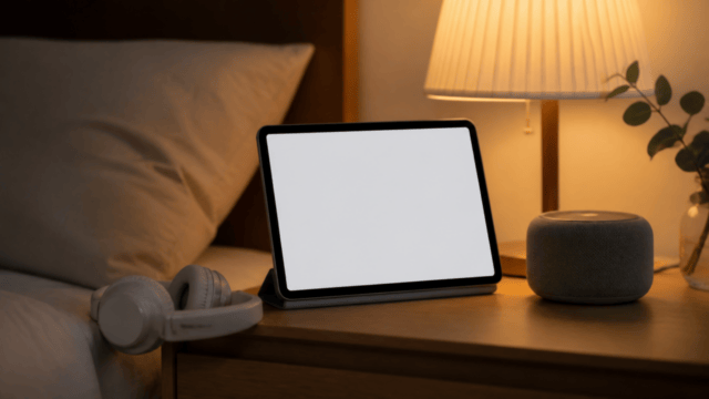 ベッドサイドでタブレットとヘッドホンを使う動画・音楽の視聴環境