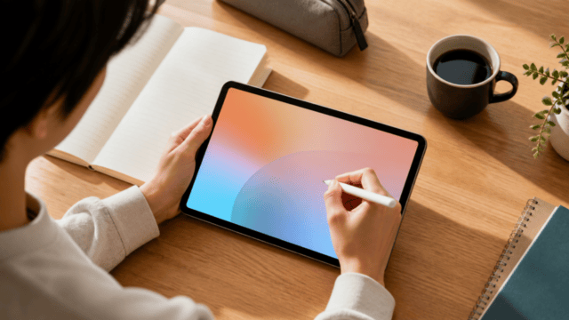 タブレットとスタイラスでノートを取りながら学習する机上シーン