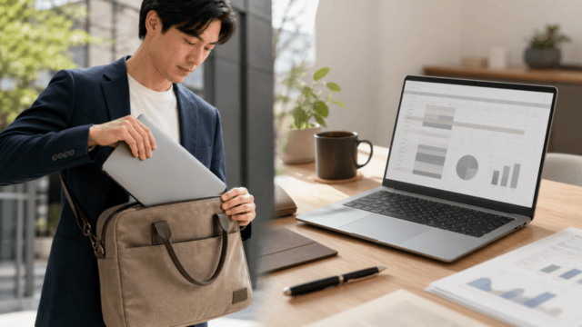 軽量ノートPCを持ち歩く場面と机で資料作成する利用環境イメージ