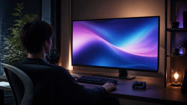 大画面モニターで映像制作とゲームを使い分ける作業環境イメージ