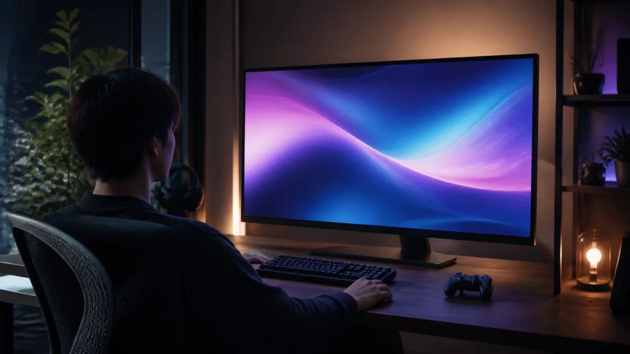 大画面モニターで映像制作とゲームを使い分ける作業環境イメージ
