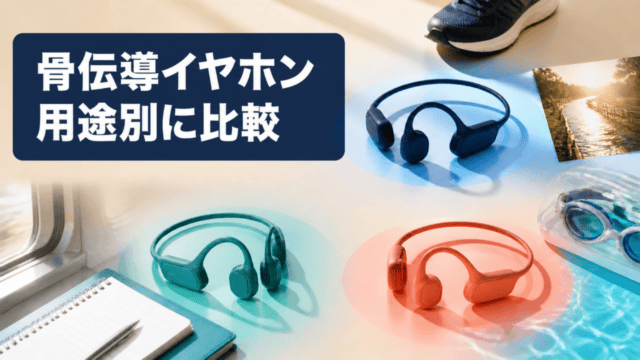 骨伝導イヤホンの用途別比較イラスト（スポーツ・通勤・水泳）
