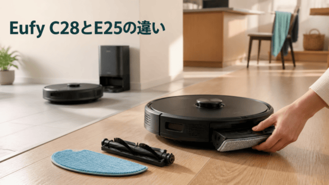 Eufy C28とE25の違いを比較するロボット掃除機の編集イメージ