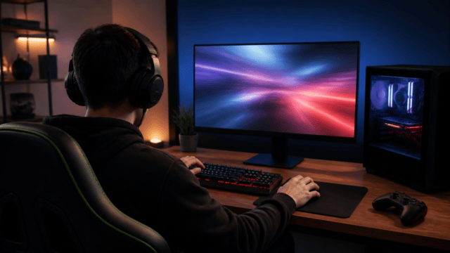 高リフレッシュレートのゲームを楽しむモニターとキーボード、ゲーミングPCの環境イメージ