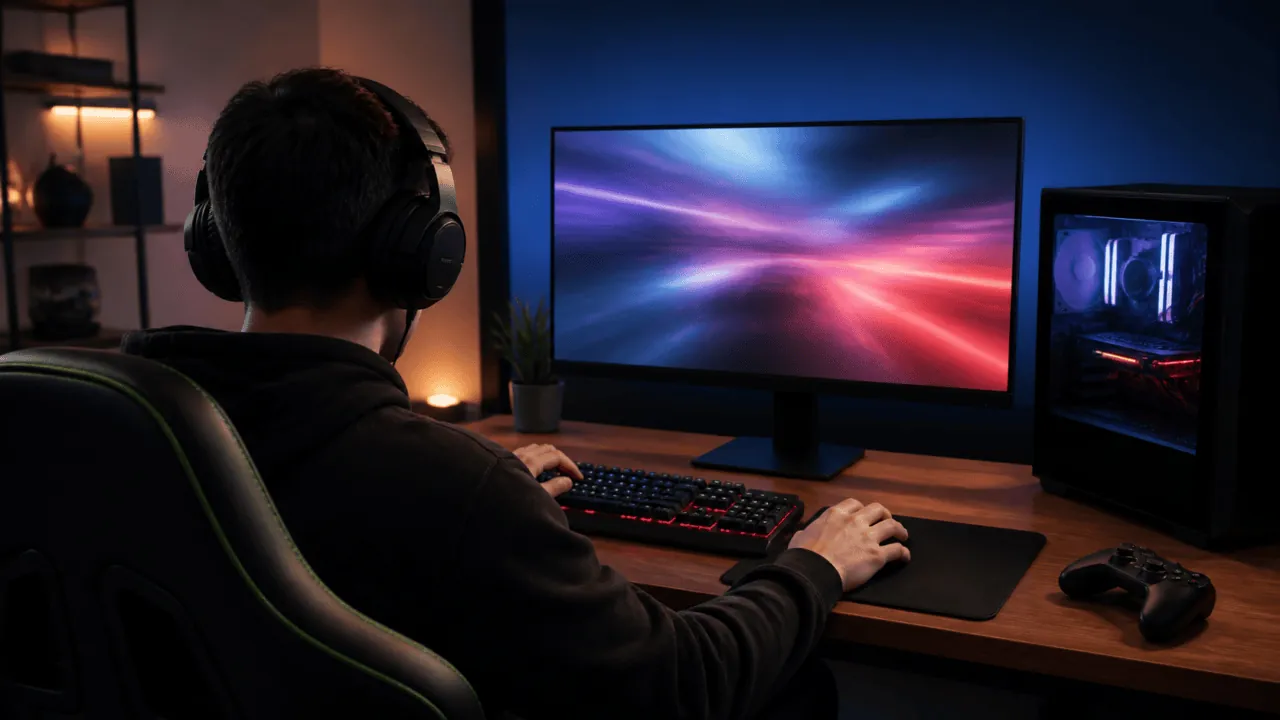 高リフレッシュレートのゲームを楽しむモニターとキーボード、ゲーミングPCの環境イメージ